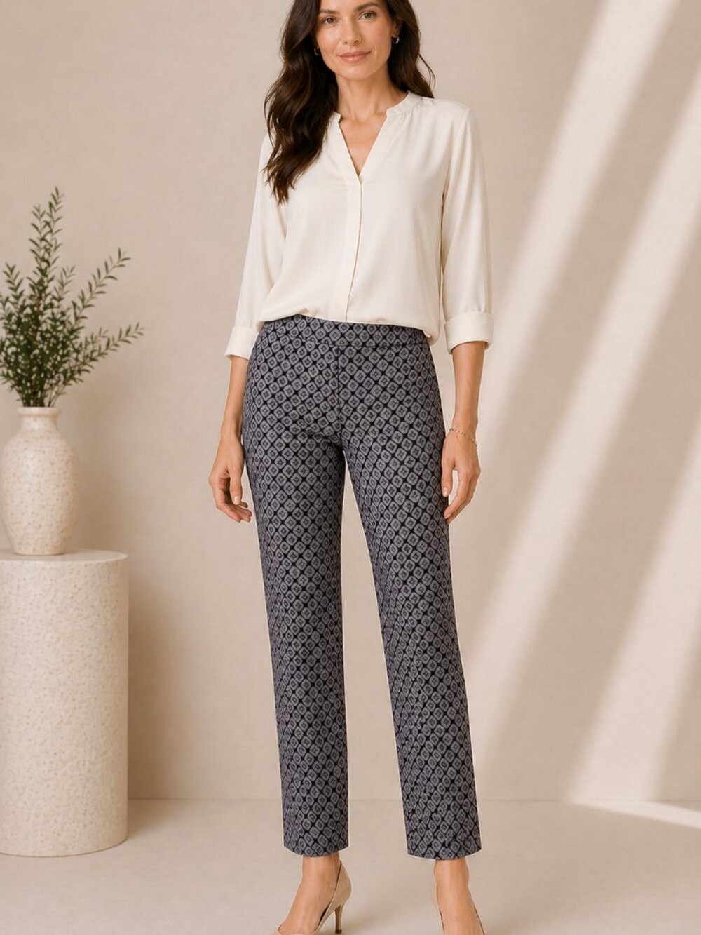 NIC+ZOE Geometric Print Pants Black Grey Slim Side Zip Career Chic Sz 8